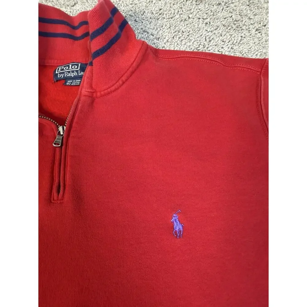 Polo Ralph Lauren Sweater Mens L Red 1/4 Zip Mock Neck Cotton Acrylic Pullover
